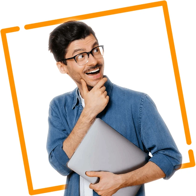 Portrait illustratif d’un homme tenant un ordinateur portable.