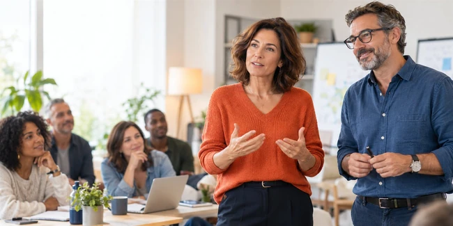 Deux formateurs échangent avec un groupe dans un espace de travail.